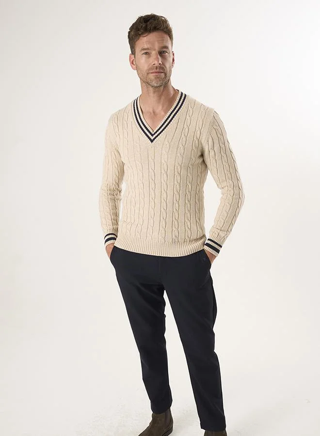 FELIX HARDY Beige V-Neck Basic Cable Knit Pullover for Men | Best Price UAE