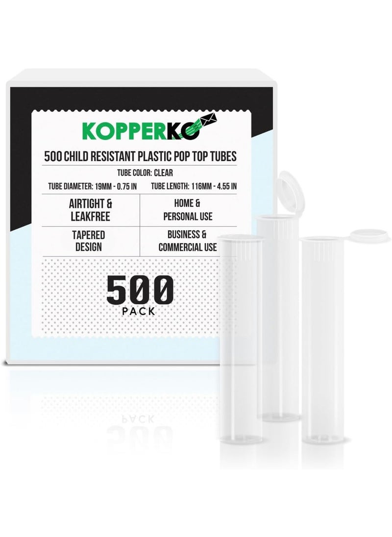 Kopperko 500 Pack 116mm Plastic Pop Top Tube - Child Resistant Pill Storage Containers for Herbs and Spices | UV and Moisture Resistant Medication Container | Airtight & Waterproof Storage | Clear 
