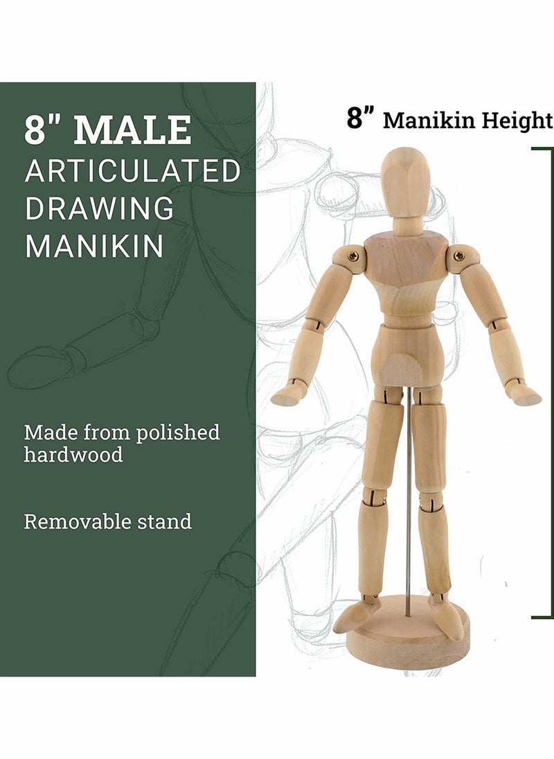 KASTWAVE Wood 8" Male, Artist Drawing Manikin Articulated Mannequin with Base and Flexible Body, Draw Painting Model Mannequin Jointed Doll, Perfect for Drawing The Human Figure or Home Desktop Decoration  - Image 2