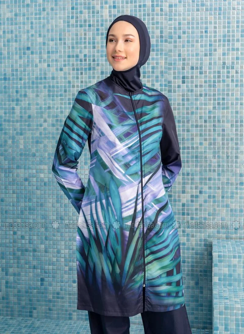 مايو بيلا من مودانيسا Gradient Leaf Transition Burkini Full Covered Swimsuit Navy Blue