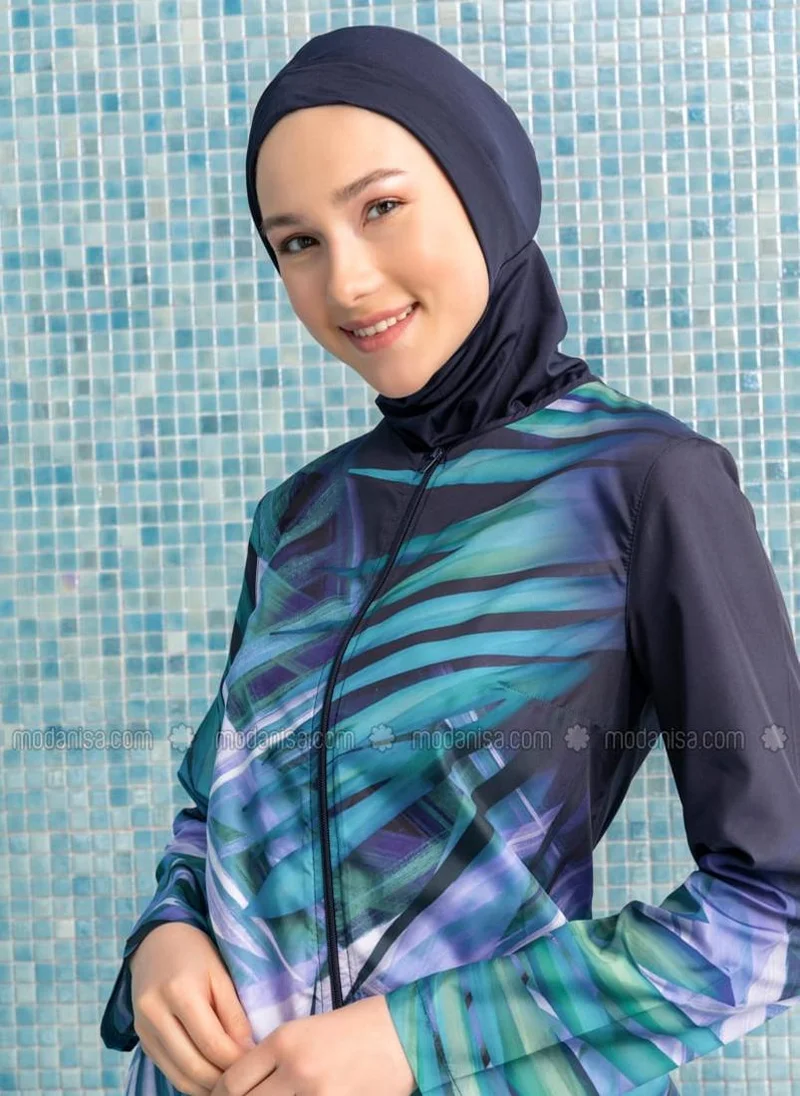 مايو بيلا من مودانيسا Gradient Leaf Transition Burkini Full Covered Swimsuit Navy Blue