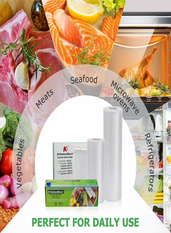 KitchenBoss أكياس تغليف الطعام بالتفريغ الهوائي: عبوة من قطعتين، لفة واحدة مقاس 11 بوصة × 50 قدمًا ولفة واحدة مقاس 8 بوصات × 50 قدمًا. جودة تجارية، خالية من مادة BPA، مانعة للتسرب، مثالية للتخزين طويل الأمد. - Image 2