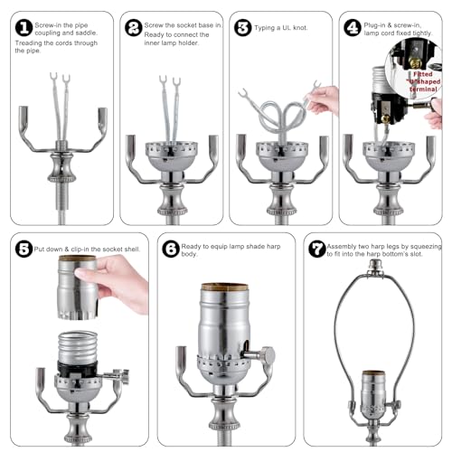 EMNOOTI Lamp Making Kit,Make a Lamp or Repair Kit,3-Way Lamp Socket with Matching Cord Lamp Harp Set,Lamp Wiring Kit for Table Floor Lamp,Essential Hardware for DIY Lamp Design or Repair (Silver, 1) - Image 3