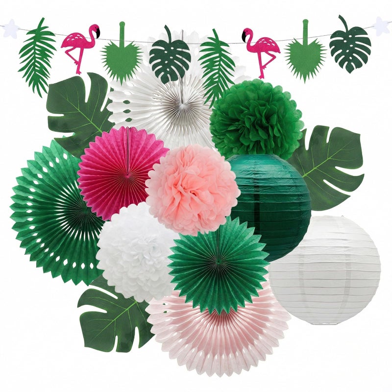 MEIDUO 14 Pcs Tropical Party Decorations Set PreStrung Flamingo Banner Paper Fans Lanterns Palm Leaves Hawaiian Themed Luau Party Decorations for Summer Beach Pool Birthday - Image 2