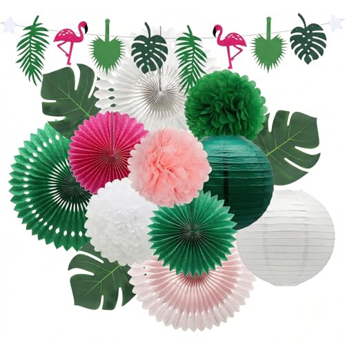 MEIDUO 14 Pcs Tropical Party Decorations Set PreStrung Flamingo Banner Paper Fans Lanterns Palm Leaves Hawaiian Themed Luau Party Decorations for Summer Beach Pool Birthday - Image 1