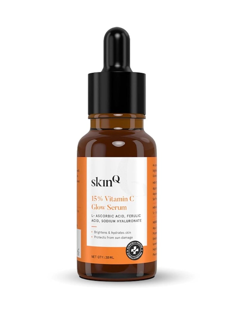 SkinQ 15 percent vit c face serum for glowing brightening skin 20 ml helps reduce pigmentation patches dark spots tan glow for men women all skin types lightweight non drying - Image 1