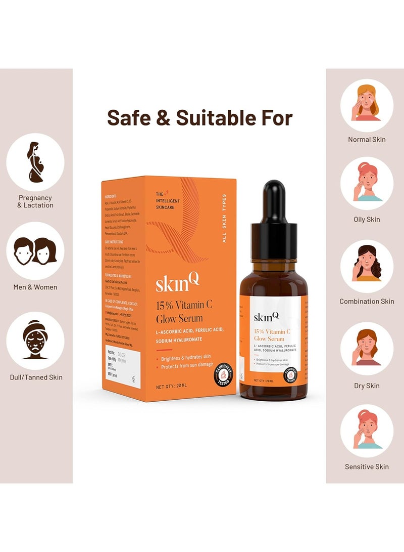 SkinQ 15 percent vit c face serum for glowing brightening skin 20 ml helps reduce pigmentation patches dark spots tan glow for men women all skin types lightweight non drying - Image 4