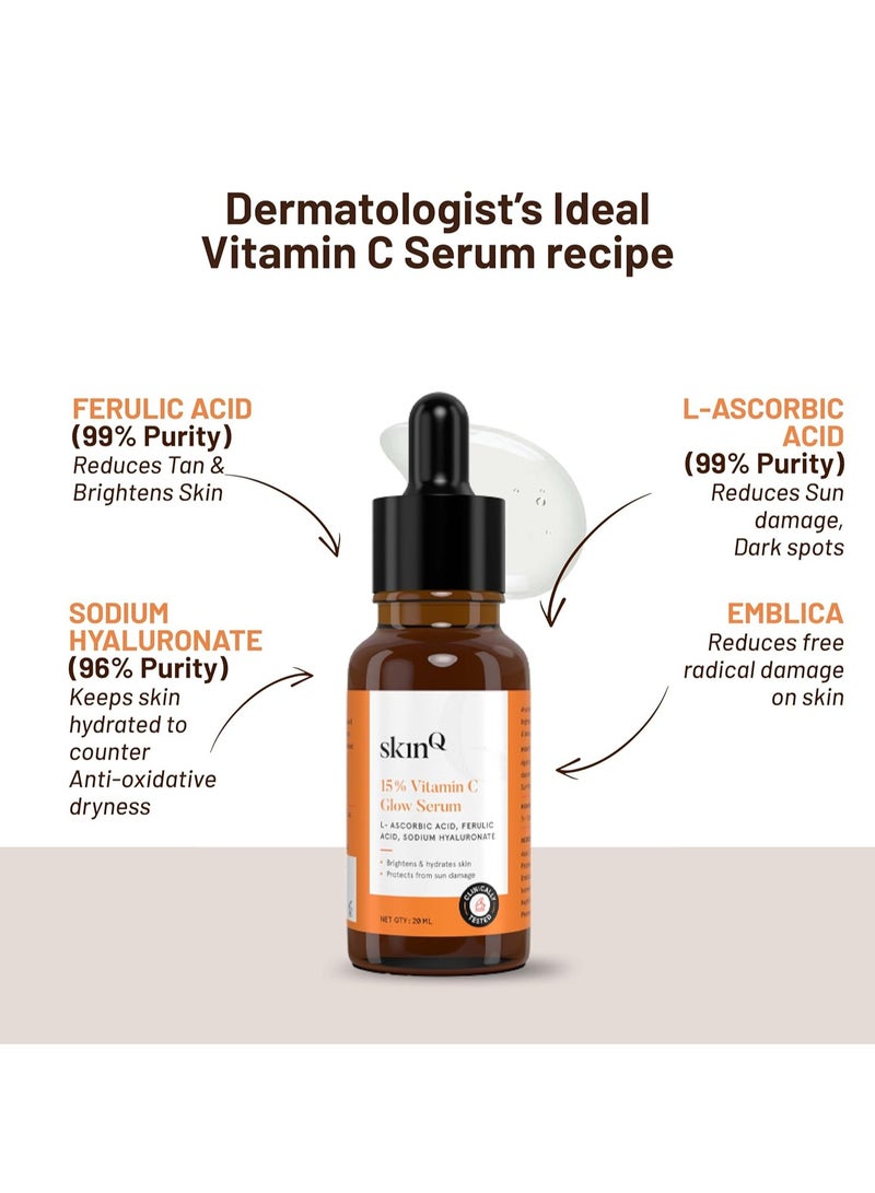 SkinQ 15 percent vit c face serum for glowing brightening skin 20 ml helps reduce pigmentation patches dark spots tan glow for men women all skin types lightweight non drying - Image 3