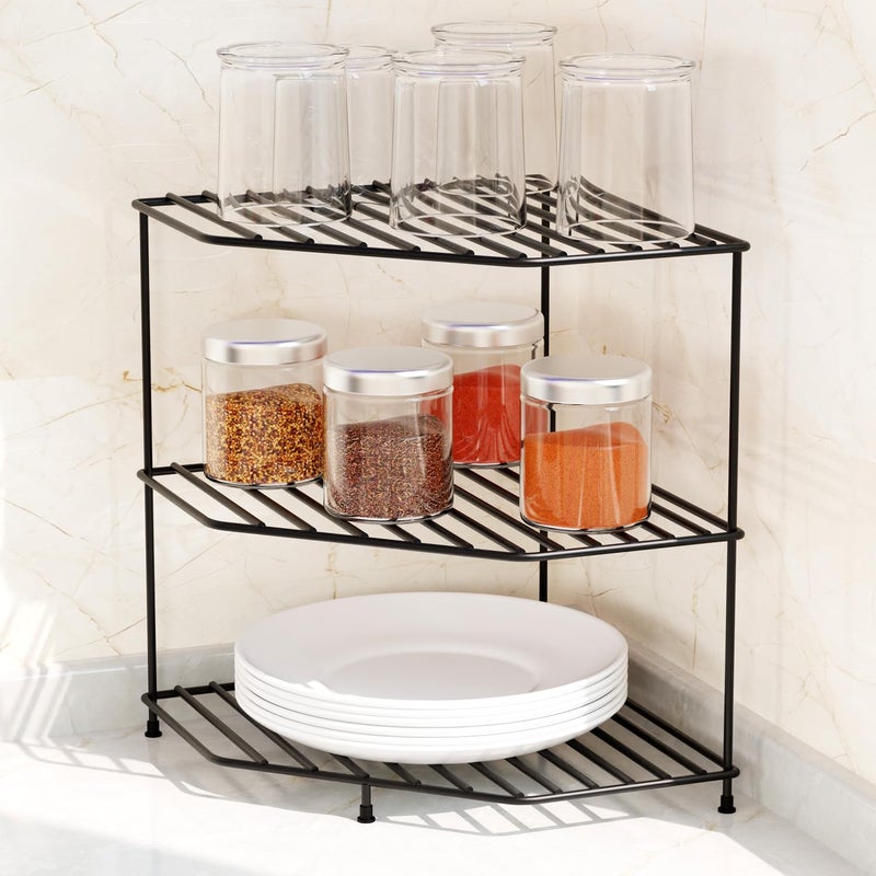 WonderStand KONA+ | 3-Tier GI Steel Corner Storage Rack for Home, Kitchen and Living Room With extra base shelf : A Versatile Solution to Organize Kitchen Plate and Dishes (Black) - Image 4
