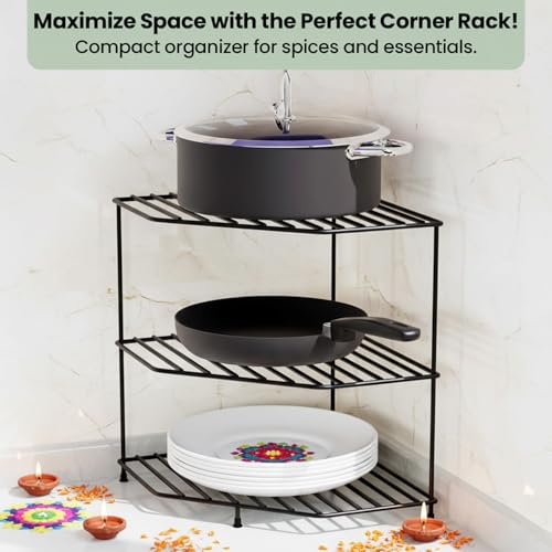 WonderStand KONA+ | 3-Tier GI Steel Corner Storage Rack for Home, Kitchen and Living Room With extra base shelf : A Versatile Solution to Organize Kitchen Plate and Dishes (Black) - Image 2