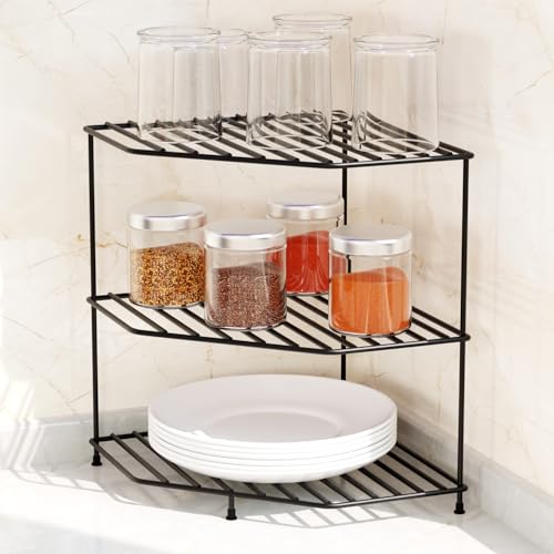 WonderStand KONA+ | 3-Tier GI Steel Corner Storage Rack for Home, Kitchen and Living Room With extra base shelf : A Versatile Solution to Organize Kitchen Plate and Dishes (Black) - Image 1