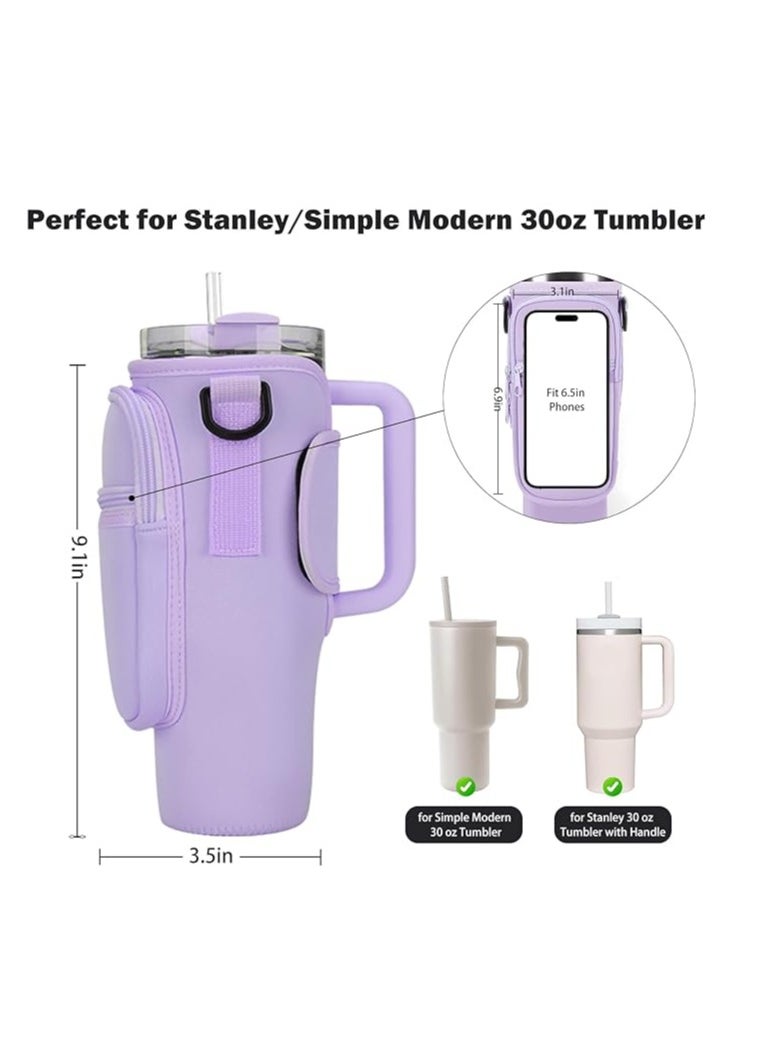 Generic - Water Bottle Tote for Stanley 40oz Tumbler, Water Bottle Holder with Pouch and Adjustable Strap, Sleeve Accessory with 40oz Cup Pocket (Purple) - Image 1