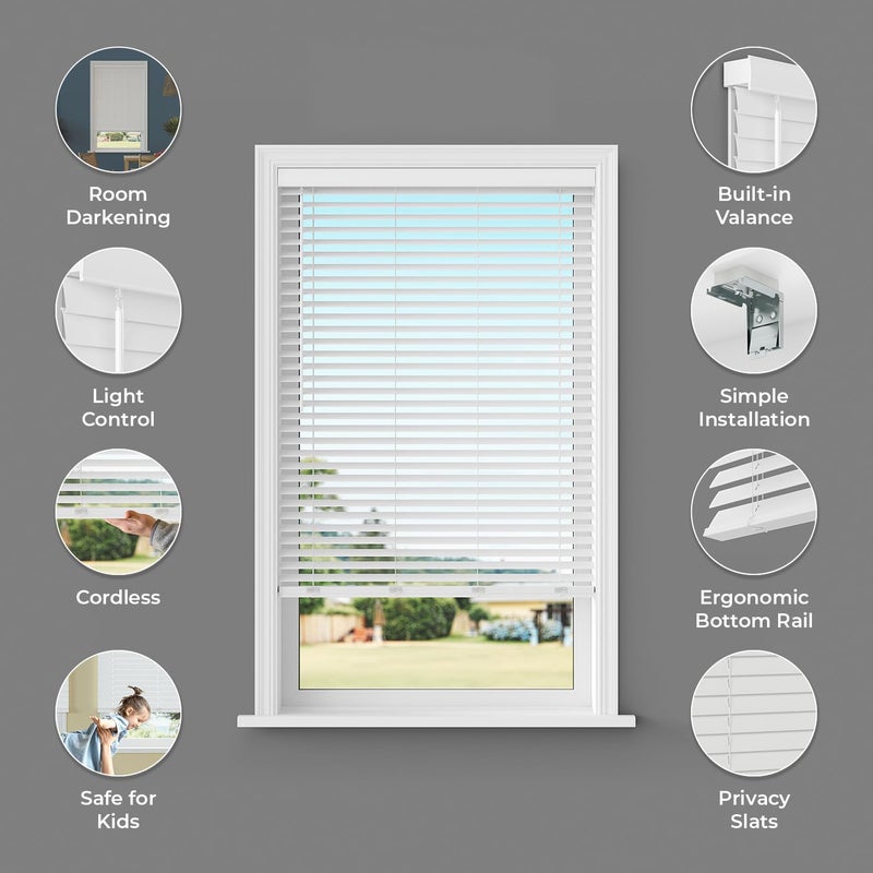 Lumino - 2" Cordless Flat Slat Faux Wood Window Blinds for Home - 34" W x 64" L - White, Faux Wood Blinds for Indoor Windows, Venetian Room Darkening Blinds - Image 2