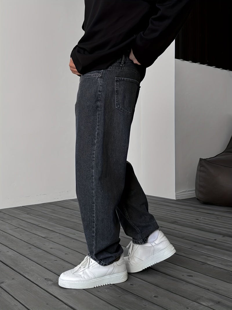 New Streetwear Trend Men's Baggy Jeans, Fashionable Men's Solid Color Straight-Leg Loose Fit Denim Pants - Image 3