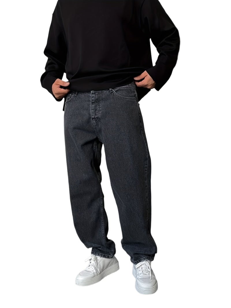 New Streetwear Trend Men's Baggy Jeans, Fashionable Men's Solid Color Straight-Leg Loose Fit Denim Pants - Image 1