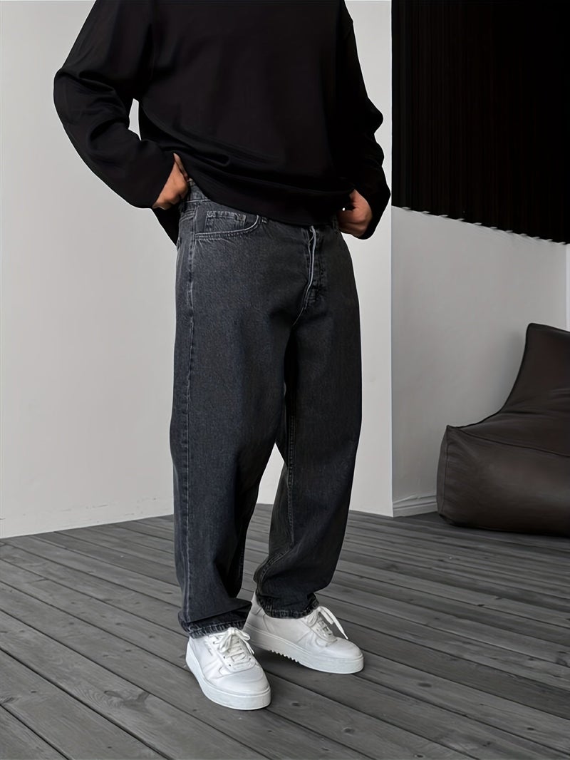 New Streetwear Trend Men's Baggy Jeans, Fashionable Men's Solid Color Straight-Leg Loose Fit Denim Pants - Image 2