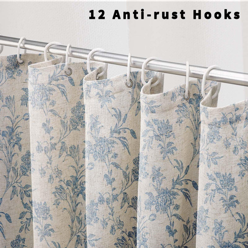 WOUVMA Extra Long Blue Shower Curtain Floral Cotton Linen Cottagecore Shower Curtain for Bathroom 84" L x 72" W - Image 3