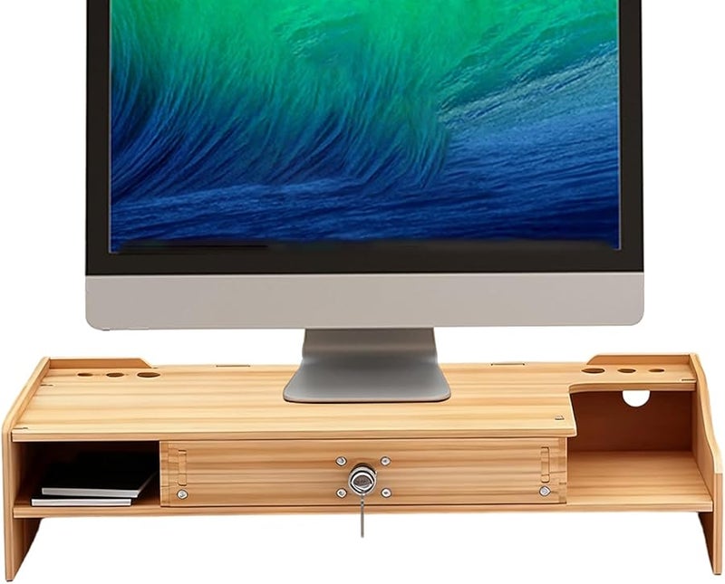 Wood Color Monitor Stand Riser Desktop Organizer With Drawer For Computer Laptop Printer TV Storage 19 21 Inch - Image 1