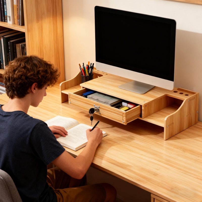 Wood Color Monitor Stand Riser Desktop Organizer With Drawer For Computer Laptop Printer TV Storage 19 21 Inch - Image 4