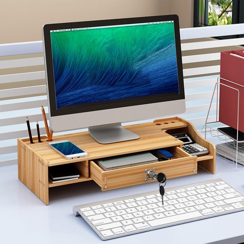 Wood Color Monitor Stand Riser Desktop Organizer With Drawer For Computer Laptop Printer TV Storage 19 21 Inch - Image 5