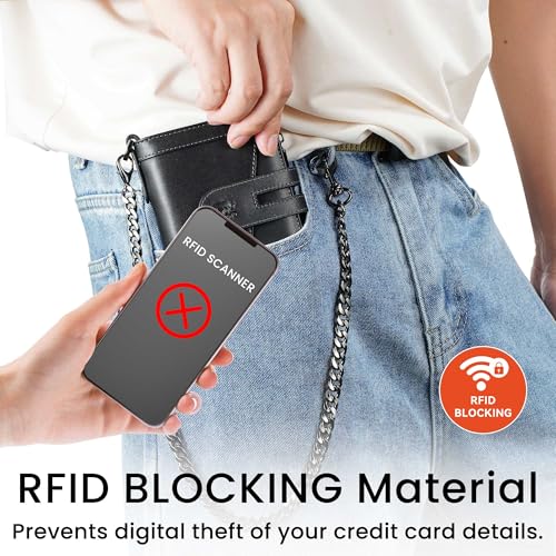 furid محافظ سلسلة جلدية أصلية للرجال: محفظة مقاومة لتقنية RFID مع حقيبة سلسلة، محفظة مزدوجة مع جيب بسحاب لقطع النقود مع سلسلة مضادة للسرقة، هدية للأب أو الزوج في عيد الميلاد - Image 3