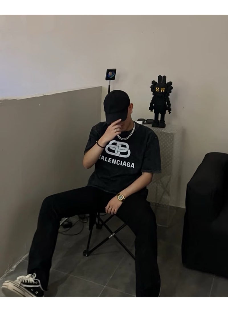 Balenciaga Men's sports casual style pure cotton crew neck T-shirt,size:L - Image 1