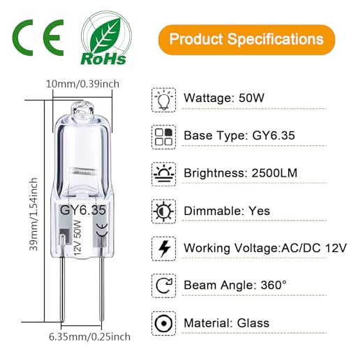 Lacnooe GY6.35 Bulb 50W, 12 Pack Dimmable GY6.35 Light Bulb Q50/CL/GY6/12V/T3/T4 JC Type GY6.35/G6.35 Bi-pin Base AC/DC 12V Warm White 2700K Single Ended Capsule Light Bulbs - Image 2
