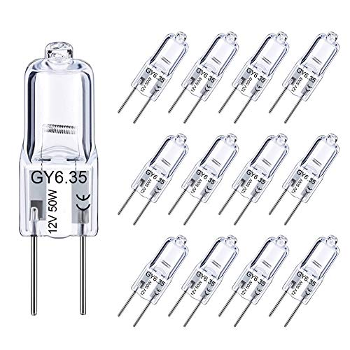 Lacnooe GY6.35 Bulb 50W, 12 Pack Dimmable GY6.35 Light Bulb Q50/CL/GY6/12V/T3/T4 JC Type GY6.35/G6.35 Bi-pin Base AC/DC 12V Warm White 2700K Single Ended Capsule Light Bulbs - Image 1