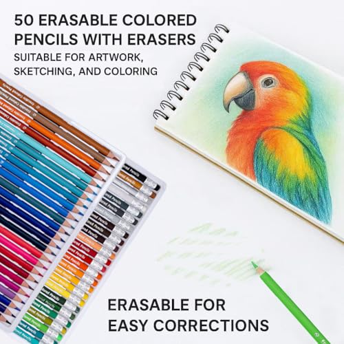 Ouksma Pre-sharpened Colored Pencils with Erasers, Erasable Color Pencils, Drawing Pencil, Art Pencil for School Supplies, Drawing Supplies (50 Colors) - Image 2
