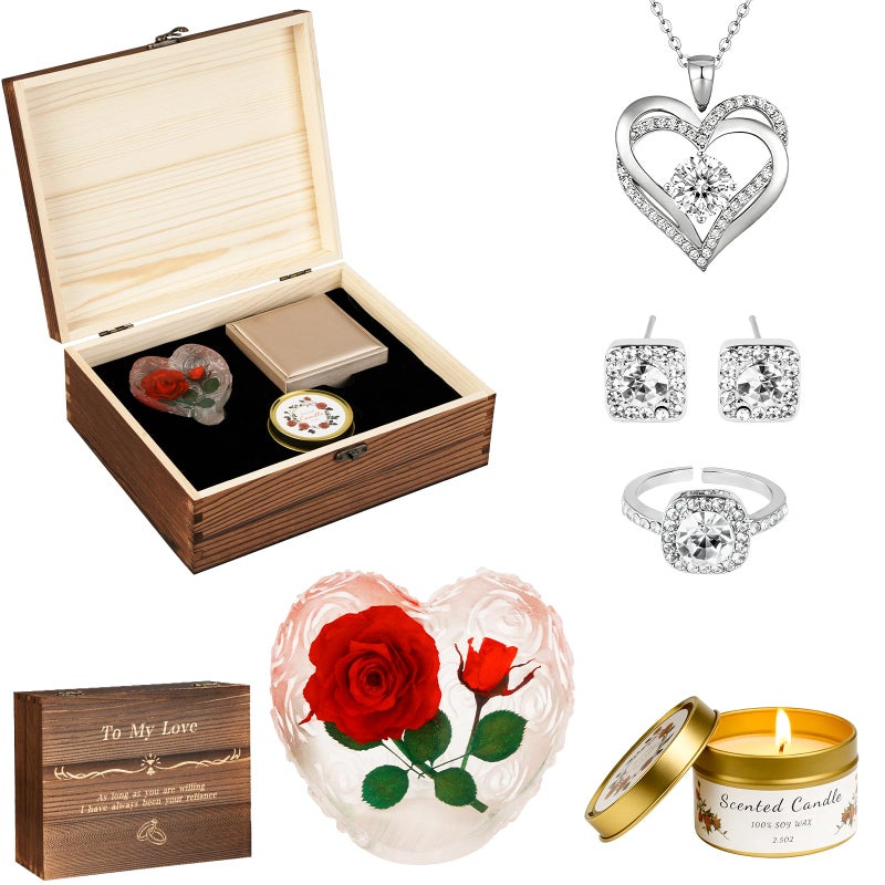 CLTTCLLCT Preserved Roses with Heart Necklace & Candle, Valentines Day Gifts for Her Eternal Flowers Rose Birthday Gifts for Women Girlfriend Wife Mom, To My Love Unique Gift On Mothers Day Anniversary - Image 1