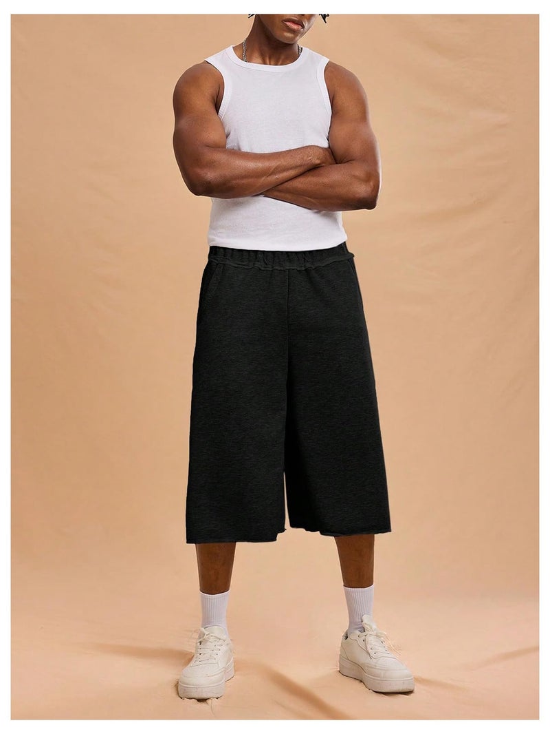 OYOANGLE Men's Gym Sweat Shorts Hip Hop Solid Below Knee Loose Basketball Athletic Capri Shorts with Pockets Black Small - Image 5