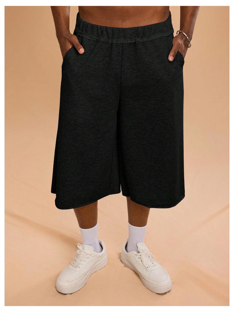 OYOANGLE Men's Gym Sweat Shorts Hip Hop Solid Below Knee Loose Basketball Athletic Capri Shorts with Pockets Black Small - Image 4