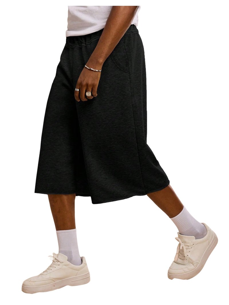 OYOANGLE Men's Gym Sweat Shorts Hip Hop Solid Below Knee Loose Basketball Athletic Capri Shorts with Pockets Black Small - Image 1