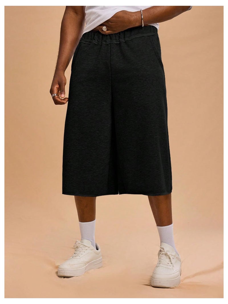 OYOANGLE Men's Gym Sweat Shorts Hip Hop Solid Below Knee Loose Basketball Athletic Capri Shorts with Pockets Black Small - Image 3