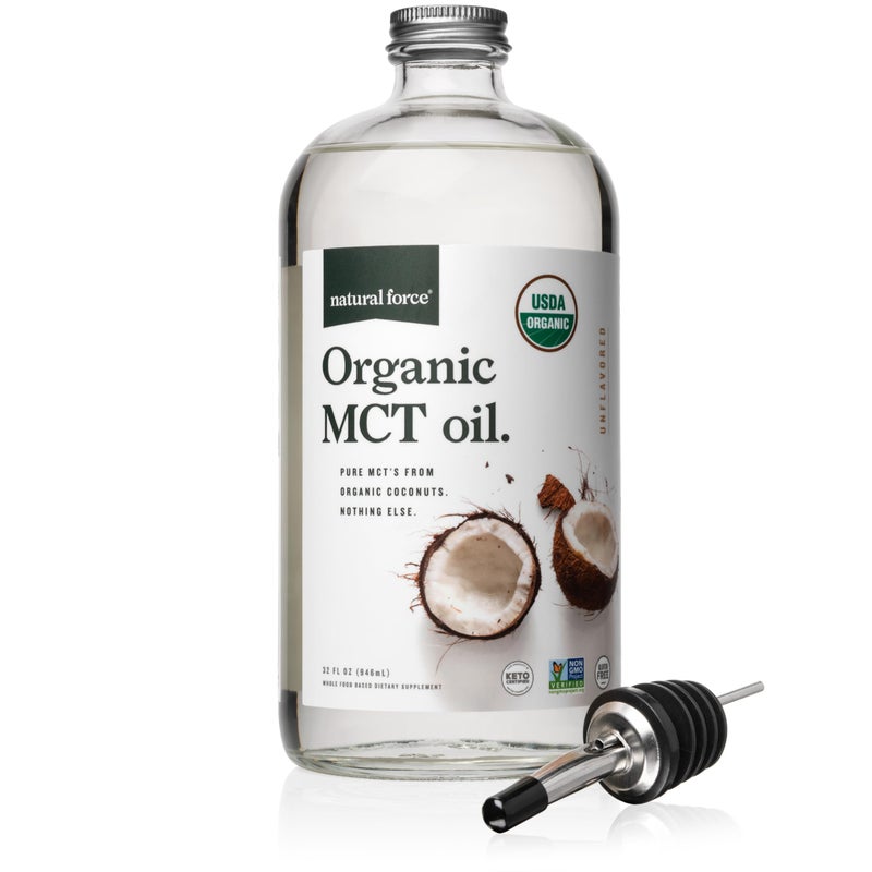 Natural Force Organic MCT Oil – Pure Glass Bottle – Made from 100% Cold Pressed Virgin Coconut Oil + Certified Keto, Paleo, Kosher, Vegan & Non-GMO – Lab Tested for Quality and Purity - 32 Ounce - Image 1
