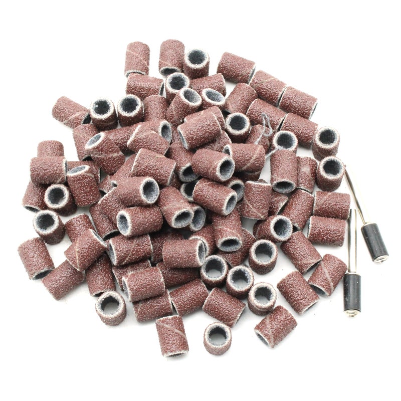 TEMO 100 pc 1/4 Inch Sand Drum Grit 60 Coarse with 2 pc 1/8 Inch Mandrel for Dremel Rotary Tools - Image 1