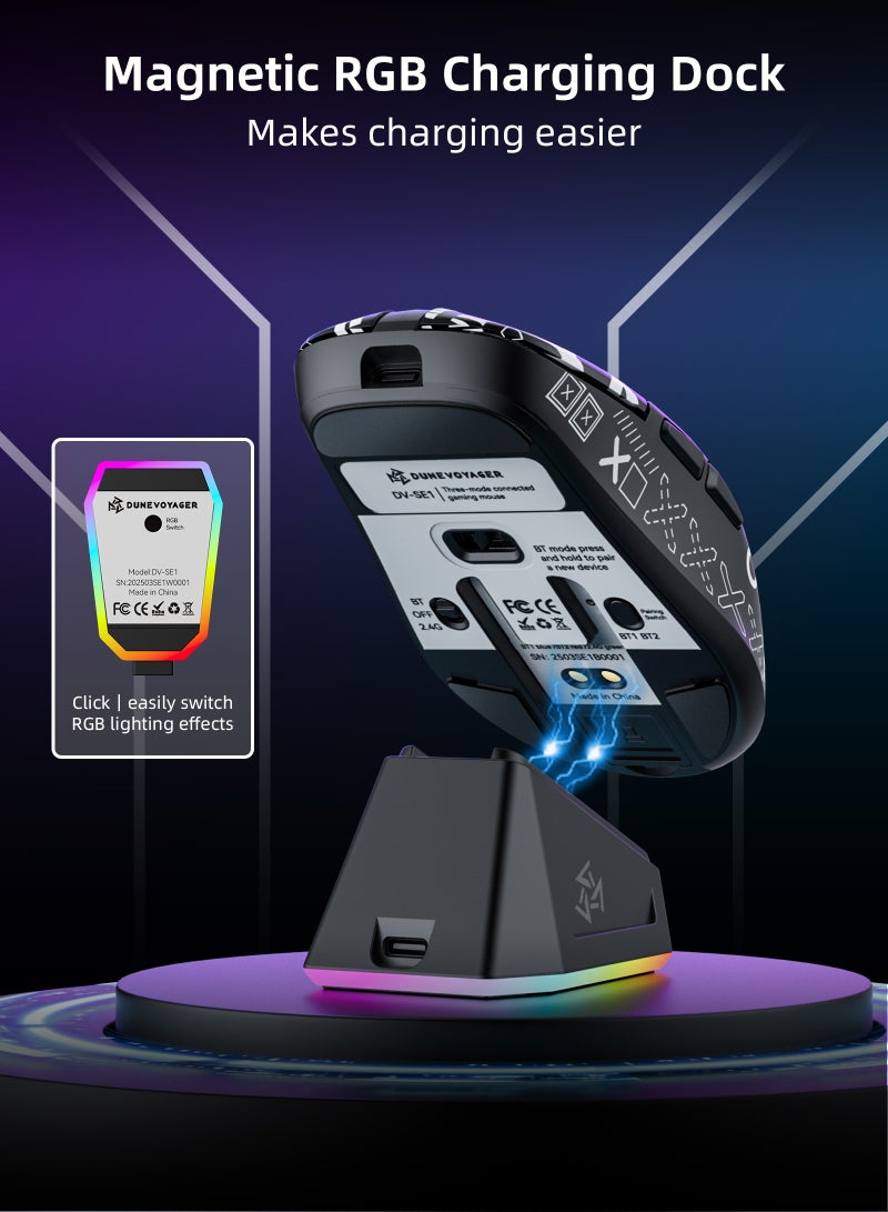 مسافر الكثبان ماوس SE1 اللاسلكي ثلاثي الوضع مع شريط لاصق، فائق الخفة بوزن 66 جرام، ماوس ألعاب بتقنية Bluetooth/2.4G، مزوّد ببرنامج، مع قاعدة شحن، DPI قابل للتعديل حتى 12800، بمعدل اقتراع 1000Hz (باللون الأسود ومع ملصق مانع للانزلاق) - Image 4