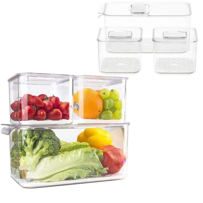 FRIDGE PRODUCE SAVER FOOD STORAGE BIN CONTAINERS STACKABLE REFRIGERATOR FREEZER ORGANIZER BINS WITH REMOVABLE DRAIN TRAY FRIDGE FRESH KEEPER FOR VEGGIE BERRY FRUITS VEGETABLES 6 PACK