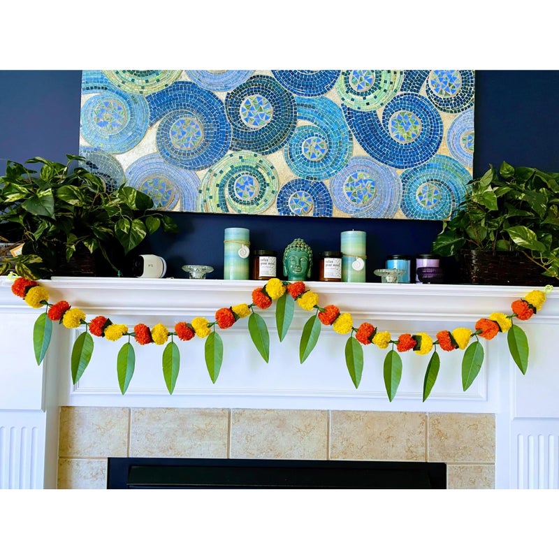 LoveNspire 5 Feet Marigold Mango Leaf Door Toran Hanging Valance Festival Garland Indian Wedding Decor Indoor Outdoor Bandarwal Pooja Decor Diwali Decoration