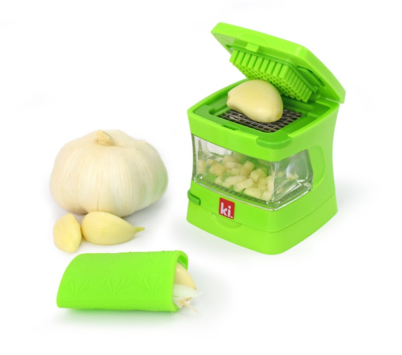 Kitchen Innovations Garlic-A-Peel Garlic Press, Crusher, Cutter, Mincer, and Storage Container - Includes Silicone Garlic Peeler - Easy to Clean - Stainless Steel Blades â€“ (Green), standard - Image 1