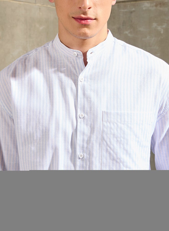 SASSAFRAS Men White Striped Mandarin Collar Relaxed Fit Shirt - Image 4