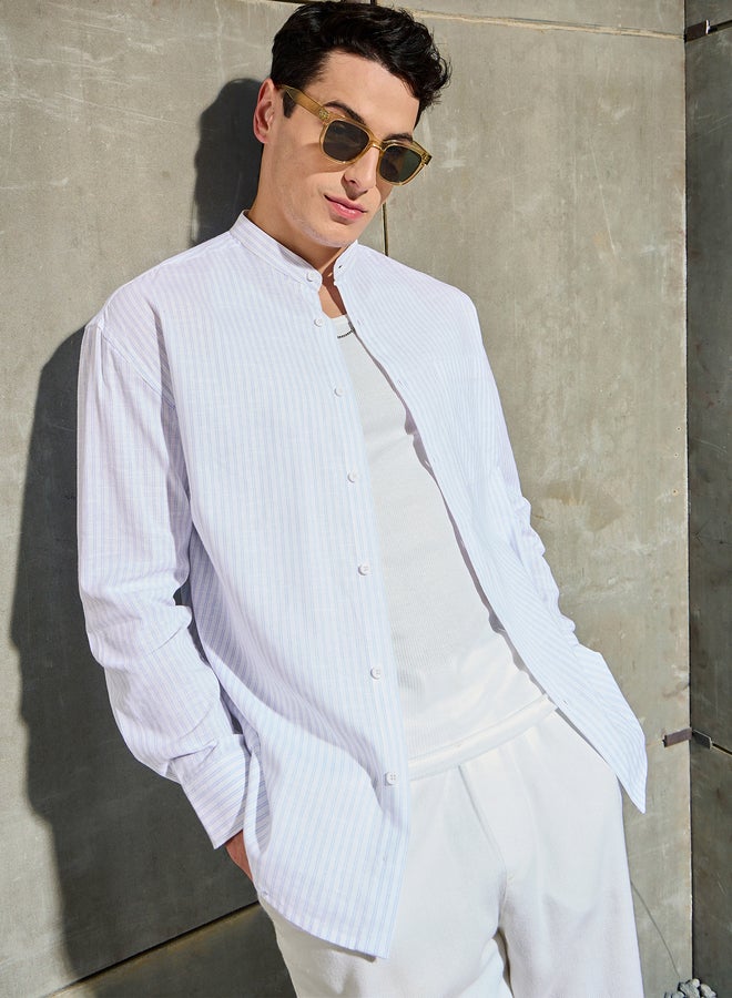 SASSAFRAS Men White Striped Mandarin Collar Relaxed Fit Shirt - Image 1