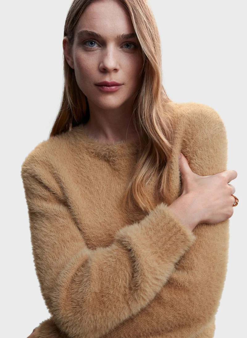 MANGO Round Neck Fur Detail Sweater