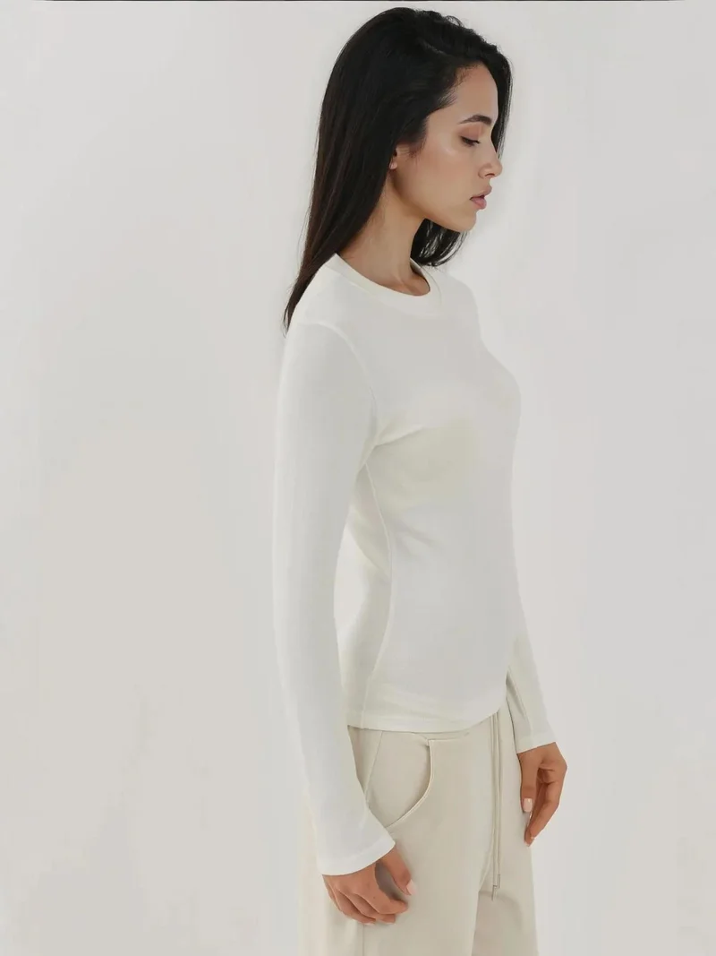Hiccup White Ultra Soft Touch Slim Fit Crew Neck Long Sleeve Basic Top for Women | Best Price UAE