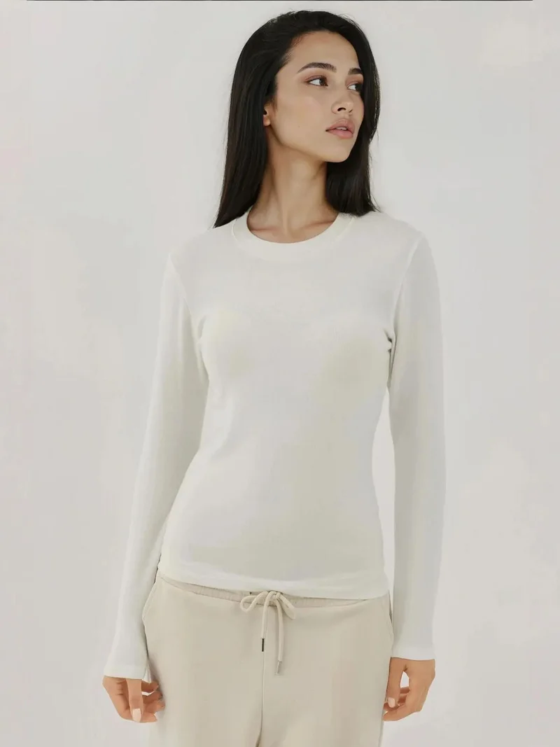 Hiccup White Ultra Soft Touch Slim Fit Crew Neck Long Sleeve Basic Top for Women | Best Price UAE