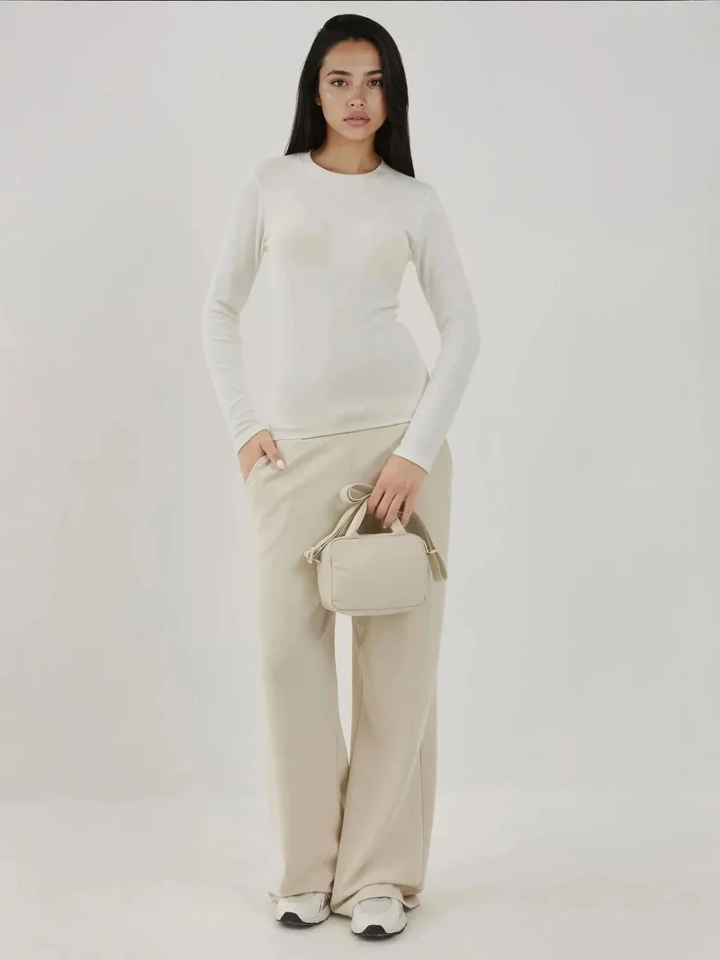 Hiccup White Ultra Soft Touch Slim Fit Crew Neck Long Sleeve Basic Top for Women | Best Price UAE