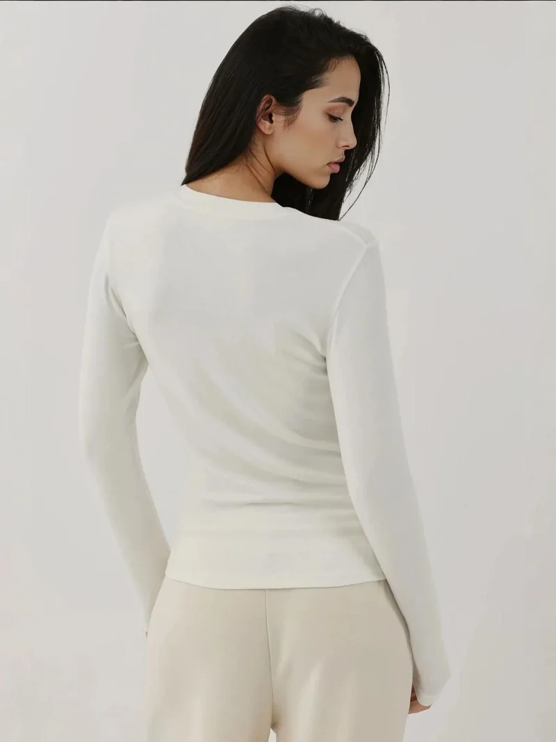 Hiccup White Ultra Soft Touch Slim Fit Crew Neck Long Sleeve Basic Top for Women | Best Price UAE
