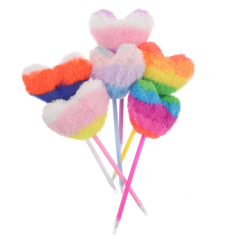 6 Pcs Heart Shaped Fluffy Pom Pom Ballpoint Pens Colorful Set For School Office Supplies - Image 2