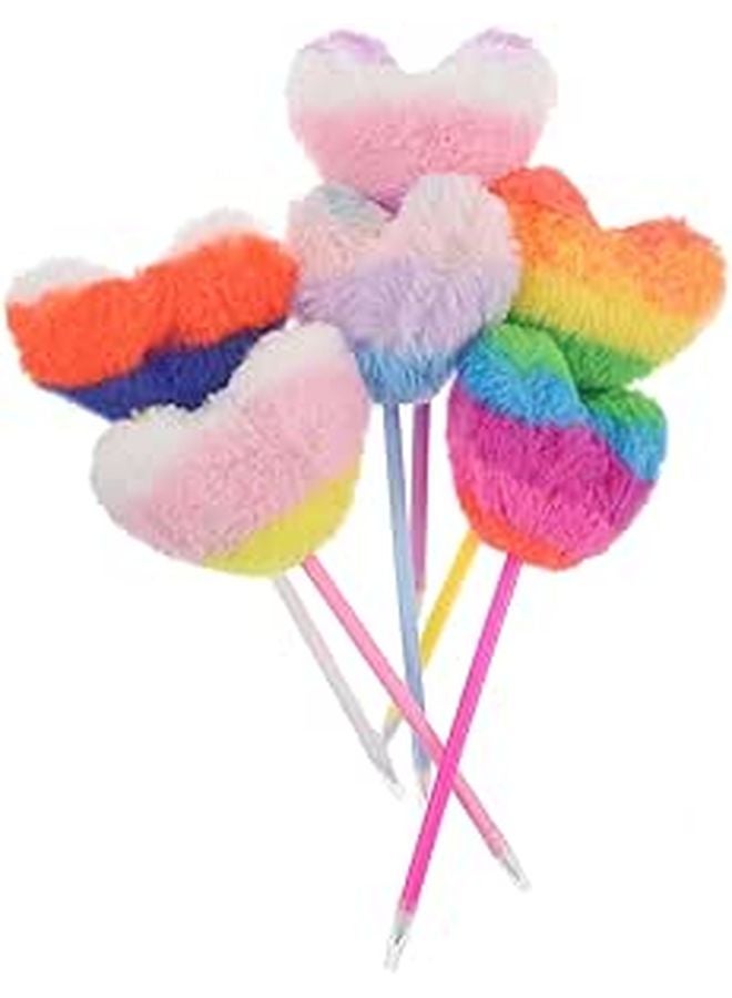 6 Pcs Heart Shaped Fluffy Pom Pom Ballpoint Pens Colorful Set For School Office Supplies - Image 1