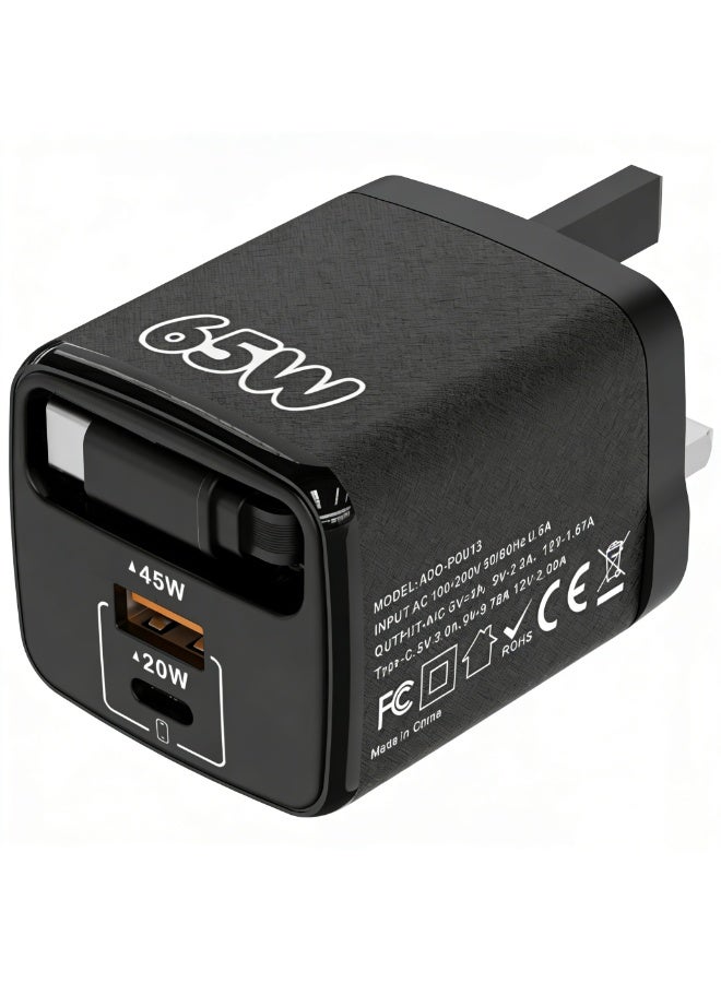 65W UK GaN Fast Charger with 60cm Retractable PD Cable – Dual Port (USB-C + USB-A) Wall Charger Adapter, Multi-Protection, Compact Travel Charger Compatible Black - Image 1